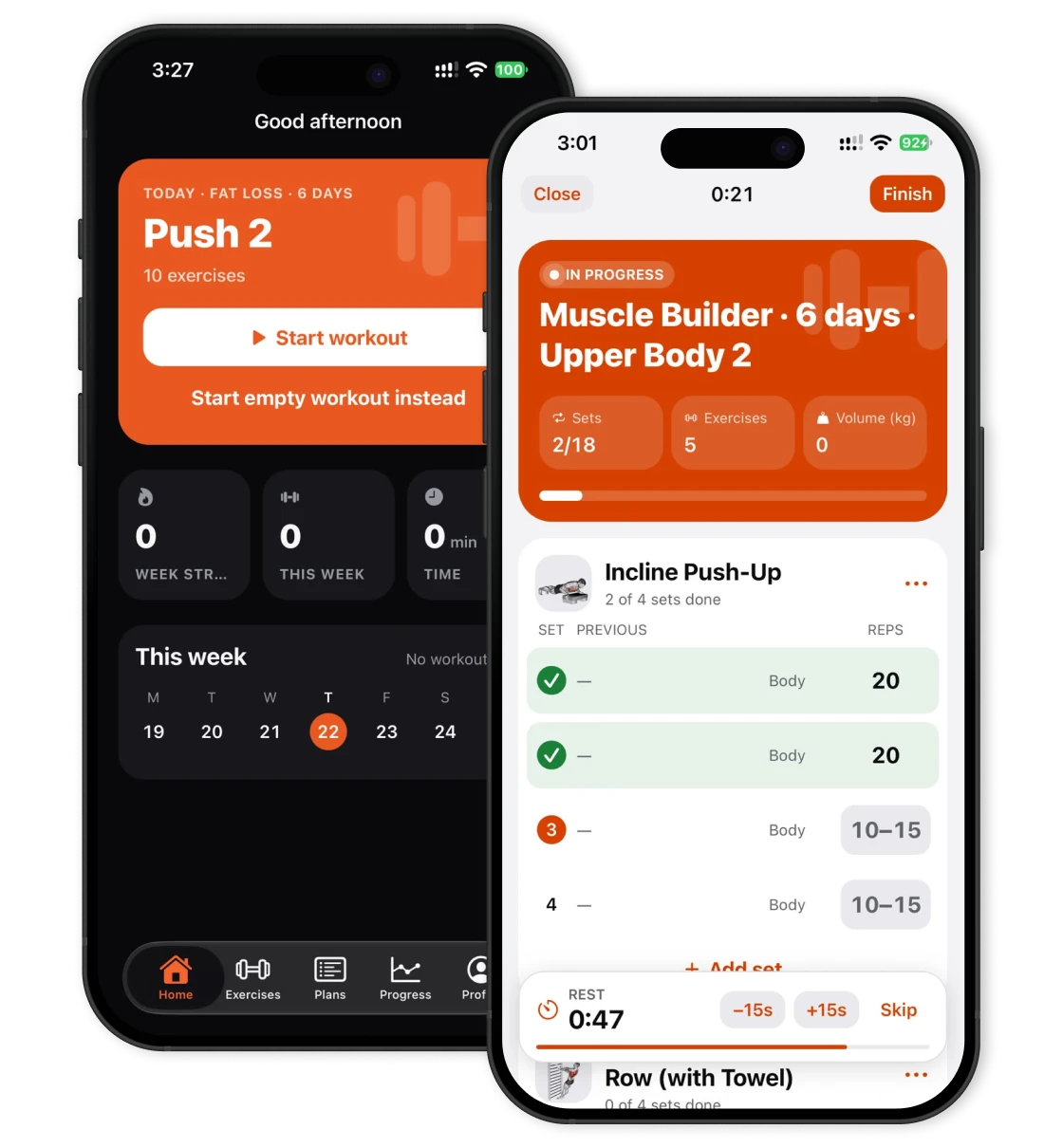 Upform home screen in dark appearance next to the workout logger in light appearance