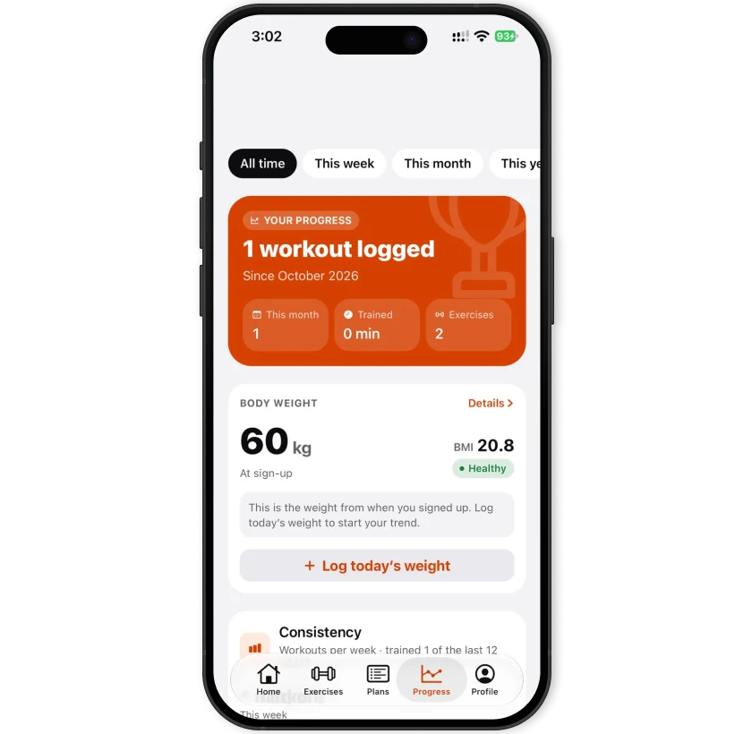 Upform progress screen with consistency chart and personal records