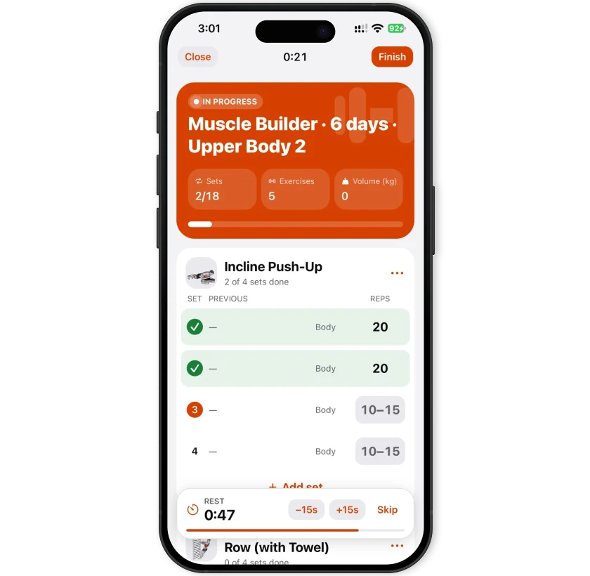 Upform workout logger with previous results, set check-offs and a rest timer